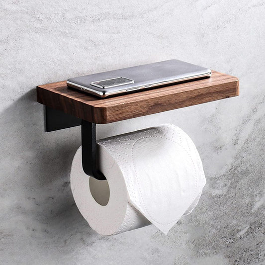 No drilling, Nail free, Adhesive - Solid Wood Toilet Paper Holder with Shelf