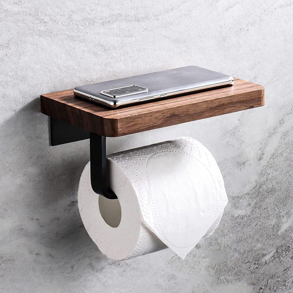 No drilling, Nail free, Adhesive - Solid Wood Toilet Paper Holder with Shelf - Zenvy