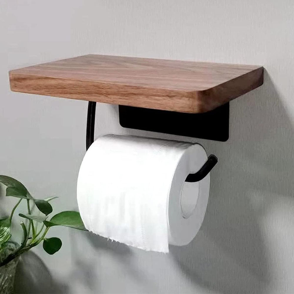 No drilling, Nail free, Adhesive - Solid Wood Toilet Paper Holder with Shelf - Zenvy